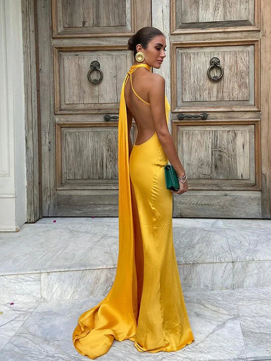 Yellow Satin Backless Lace-Up Off-Shoulder Maxi Dress