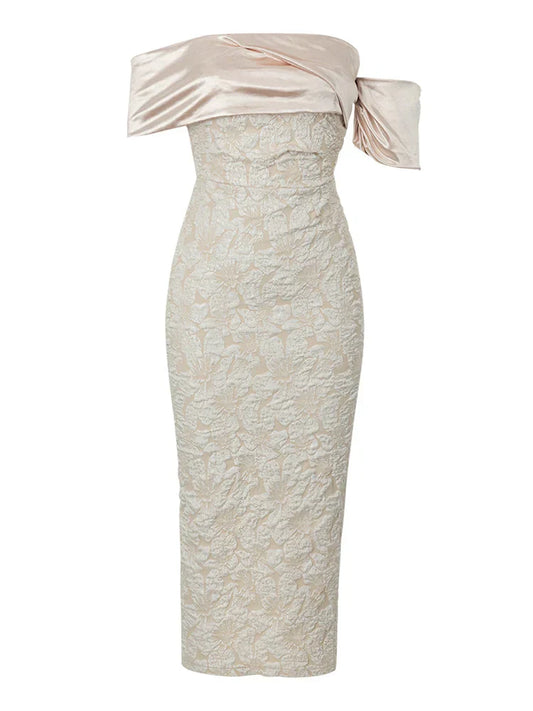 Slash Neck Embossed Flower Beige Dress