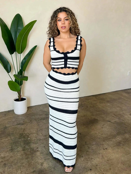 Striped Contrast Knitted Top and Long Skirt Set