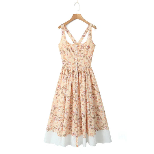 Slash Collar Flower Print Corset Style Pleated Midi Dress