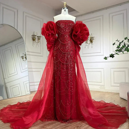 Strapless Mermaid Beaded Puff Sleeves Formal Gown