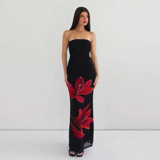 Black Tube Flower Print Back Tie Up Maxi Dress