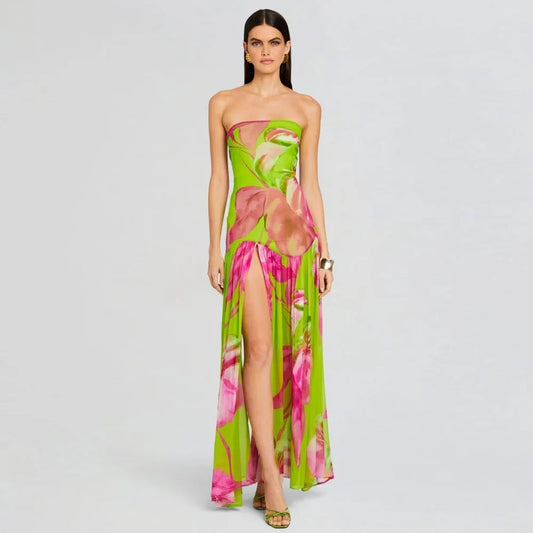 Strapless Retro Print Split Long Dress