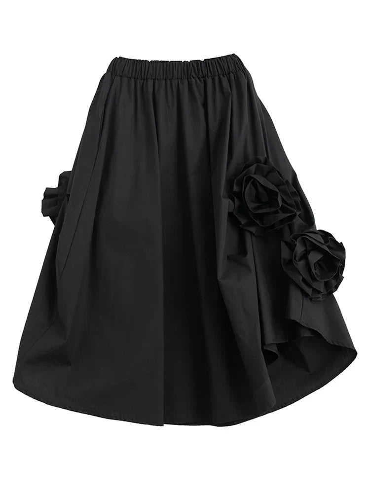 Vintage Floral Loose Midi Skirt Black / One Size