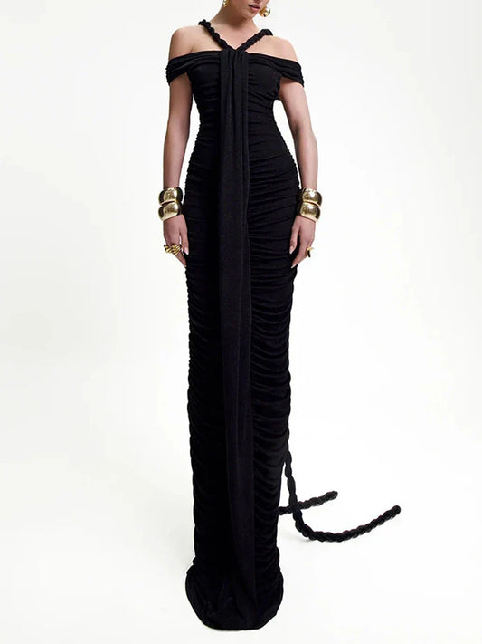 Slash Neck Pleated Braid Ribbon Long Dress