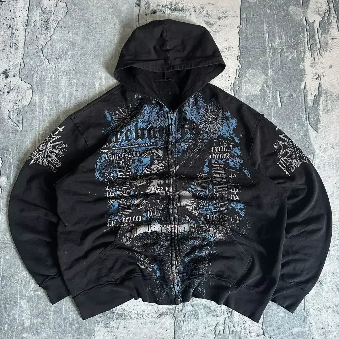 Distress Vintage Gothic Skull Hoodie black3 / S