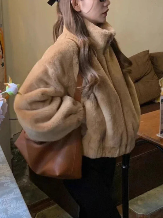 Faux Lamb Fur Coat with Zipper
