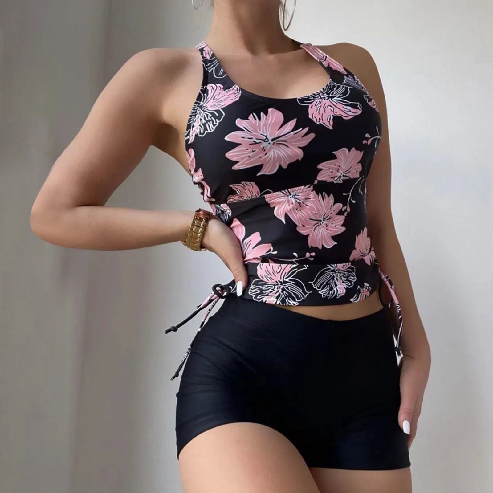 Drawstring Strap Crew Neck Two Piece Set Pink / S