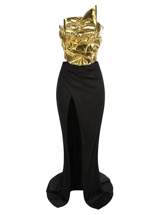 Strapless Gold Top & High-Slit Skirt Set