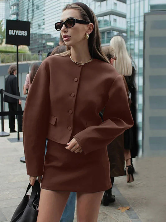 Round Neck Long Sleeve Jacket Mini Skirt Suit