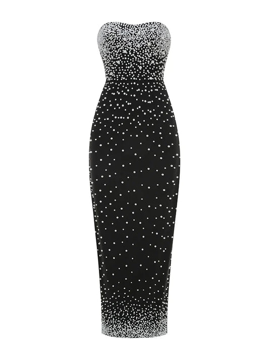 Black Strapless Pearls Beaded Embellished Maxi Dress