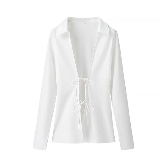 Satin Lace Up Long Sleeved Blouse