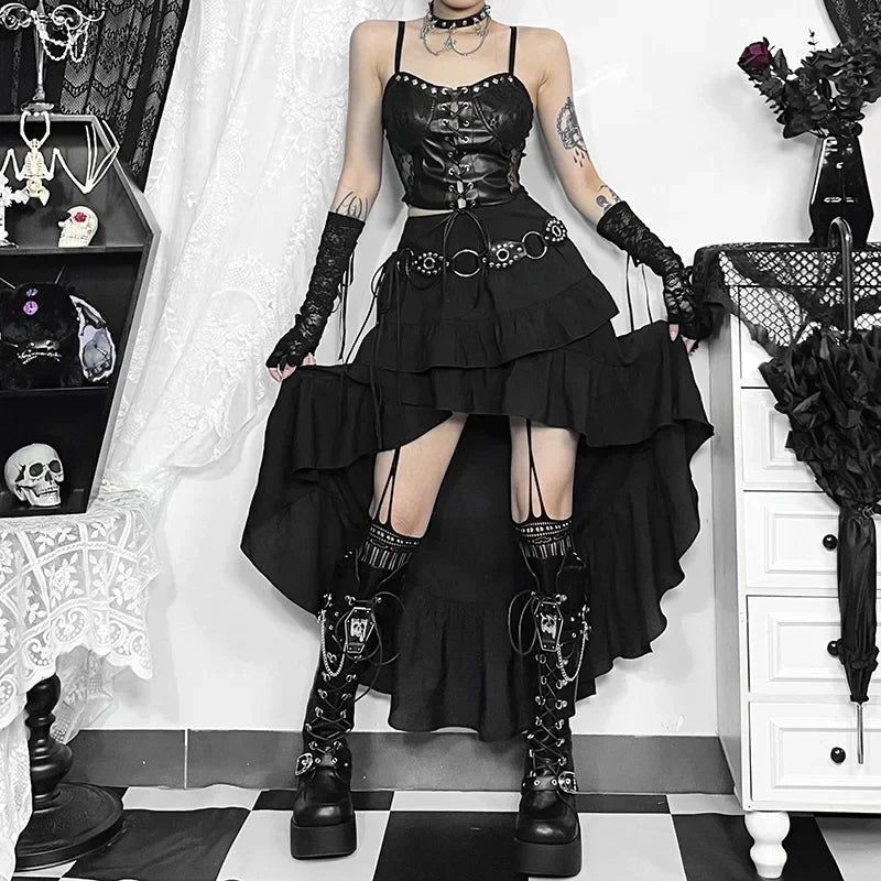 Steampunk Ruffle High Low Skirt black / XS