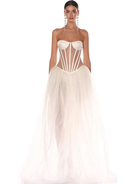 Strapless Mesh White A Line Maxi Long Dress