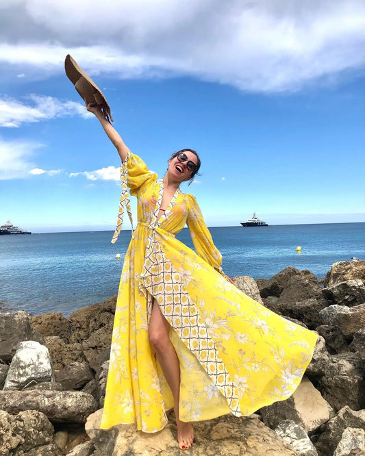 Crochet Kaftan Tunic Beach Cover Up yellow / One Size