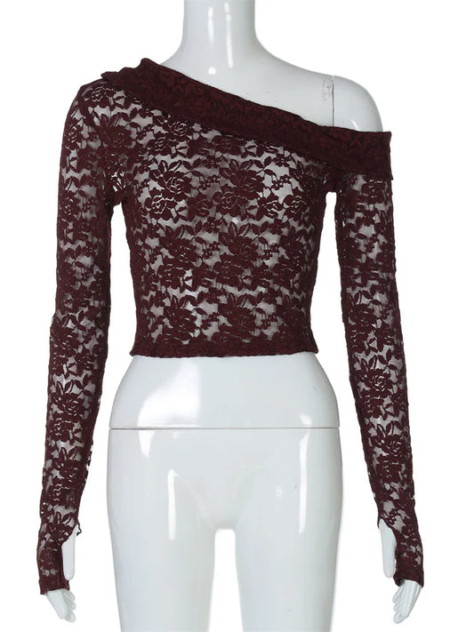 Summer Lace Hollow Out Off-Shoulder Cropped T-Shirt