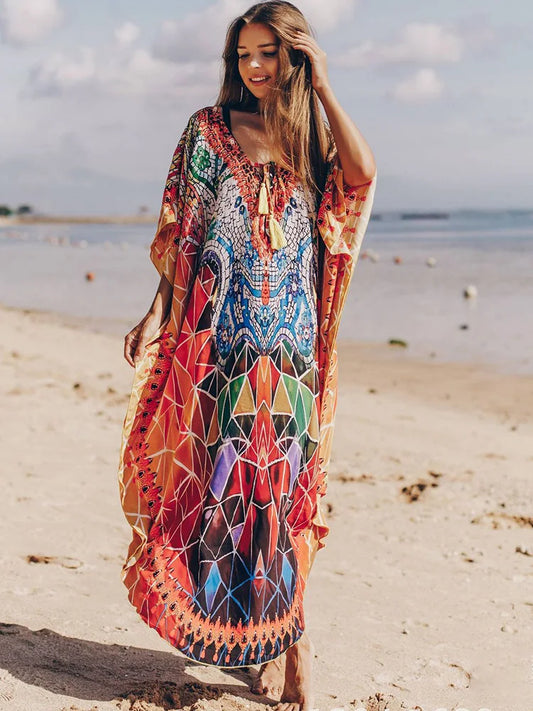 Geometric Printed Lace Up V-Neck Cover Up color / One Size