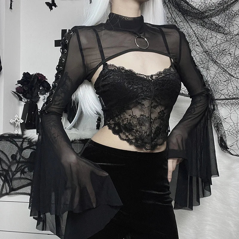 Dark Net Lace Up Flared Shirt