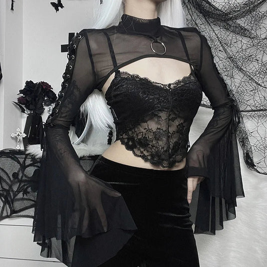 Dark Net Lace Up Flared Shirt