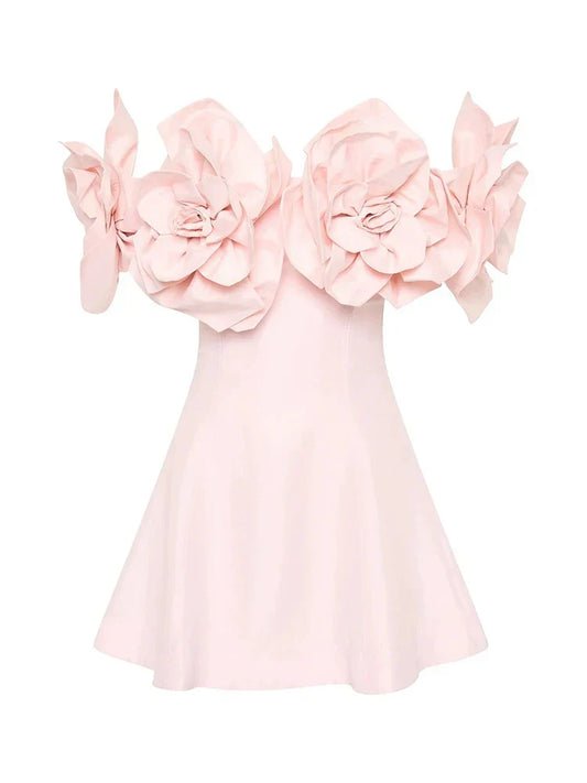 Women's Slash Neck 3D Flower Mini Dress