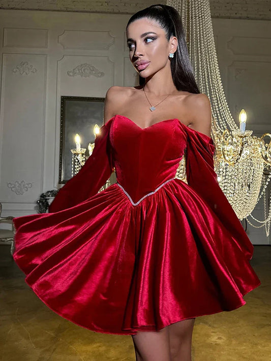 Velvet Strapless Mini Dress Off Shoulder Party Outfit