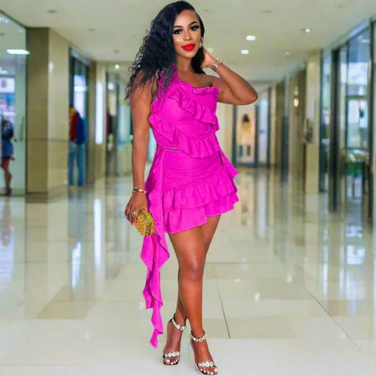 Ruffles Ribbons One Shoulder Top Mini Skirts Suits