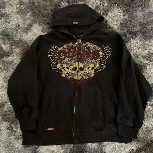 Dark Skull Print Zip Up Hoodie black1 / M