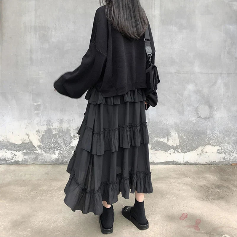 Gothic High Low Ruched Ruffle Skirt