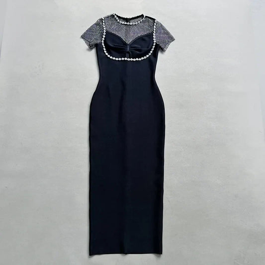 Black Diamante Evening Midi Dress