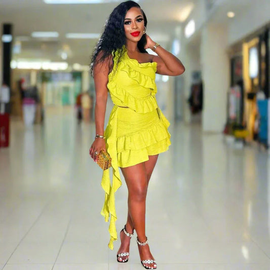 Ruffles Ribbons One Shoulder Top Mini Skirts Suits