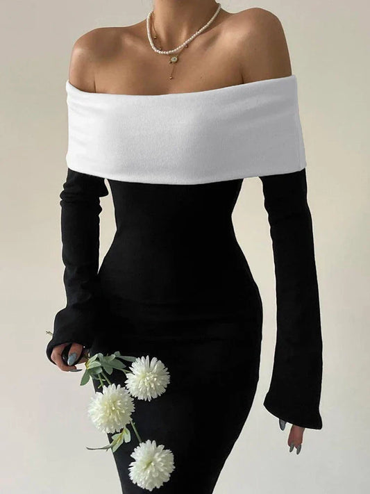 Black & White Off-the-Shoulder Maxi Dress with Long Sleeves