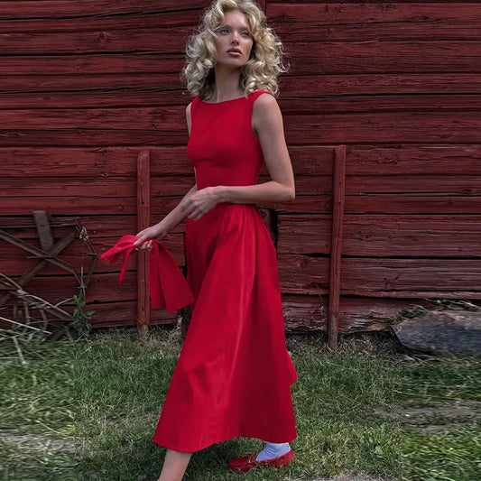 Straight Neck Sleeveless Flare Midi Dress