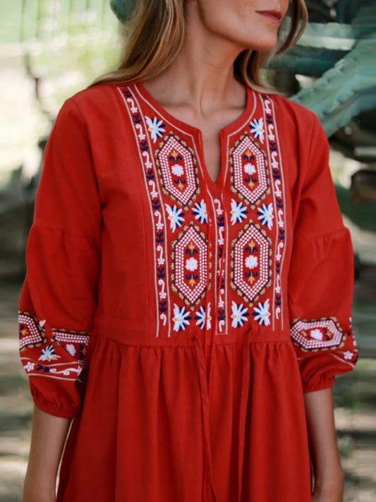 FashionSierra - 2024 Cotton Linen Embroidery A Neck Ruffle Sleeve Boho Dress