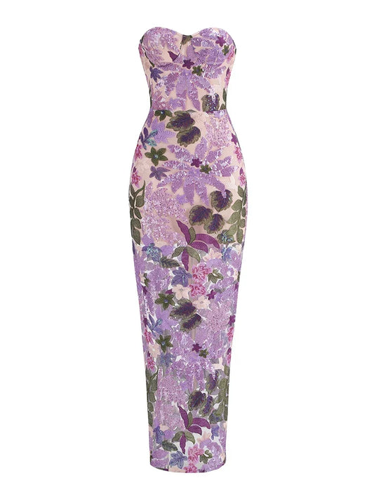 Sequin Floral-Embellished Lavender Strapless Dress
