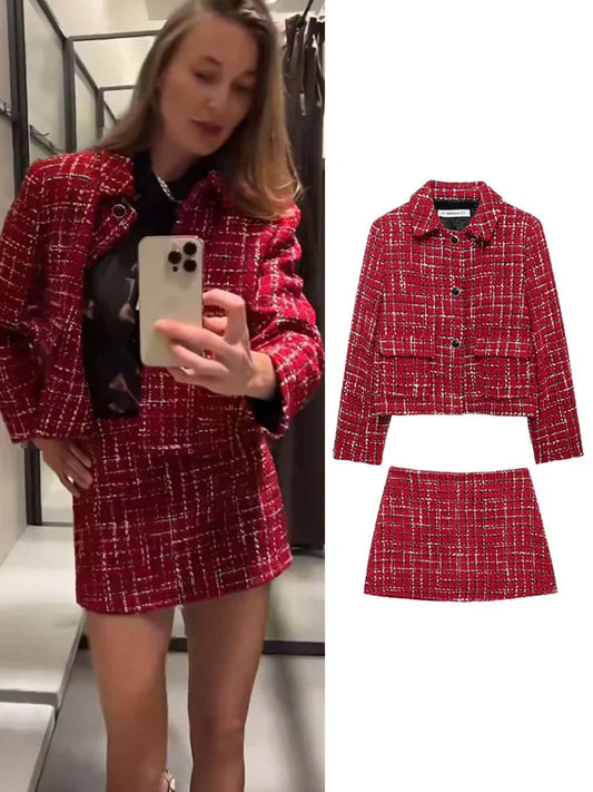 Plaid Lapel Coat and Side Zipper Short Suit