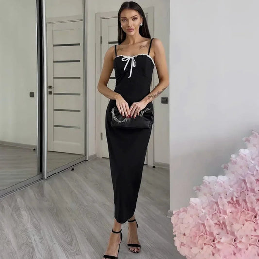 Open Back Lace Patchwork Black Maxi Dress