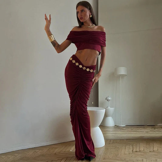 Off-shoulder Crop Top And Long Skirt Suit