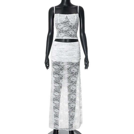 White Halter Top And Sheer Mesh Long Skirt Suit
