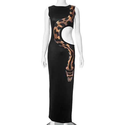 High Slit Hollow Out Snake Print Maxi Dress