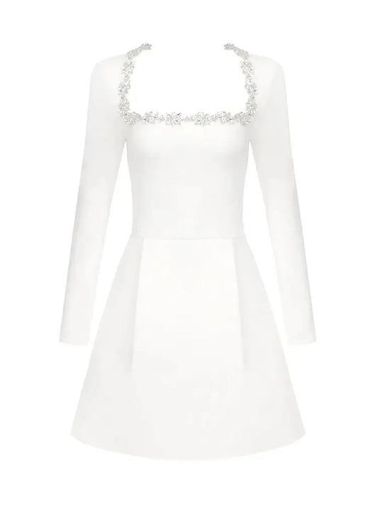 White Square Neck Diamond Mini Dress
