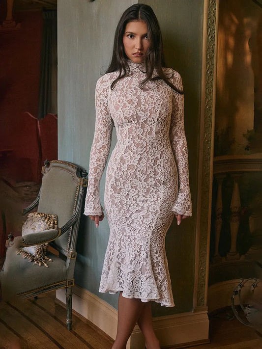 Lace Half High Neck Fishtail Dress