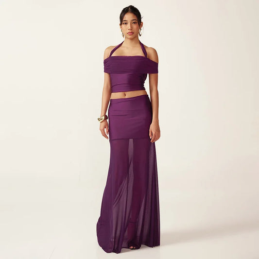 Purple Mesh Two-Piece Set with Sheer Halter Top and Long Skirt