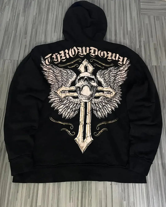 Distress Vintage Gothic Skull Hoodie black7 / S