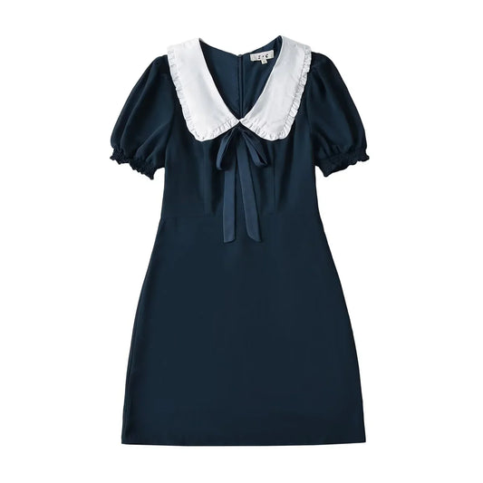 Short Puff Sleeve Bow Detail Dots Print Mini Dress