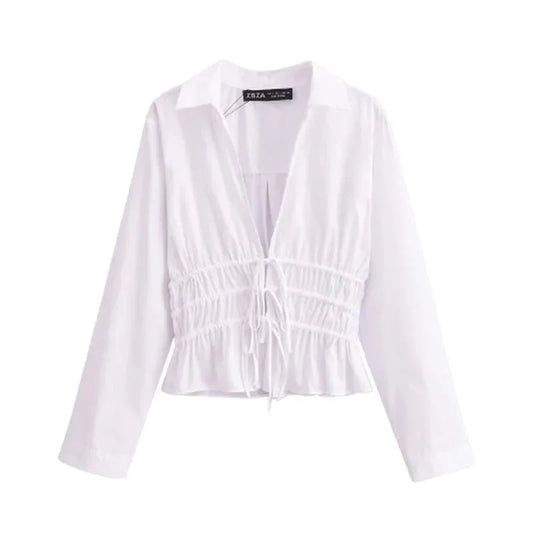 White Ruffle Tied Long Sleeve Women's Blouse