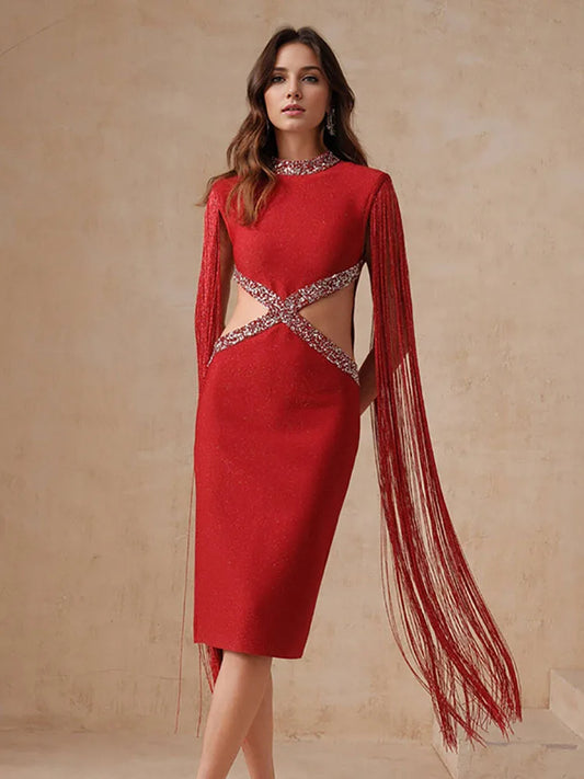 Fringe Sleeve Tassel Sequined Midi Dress