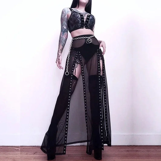 Mesh High Split Long Party Skirt black / S