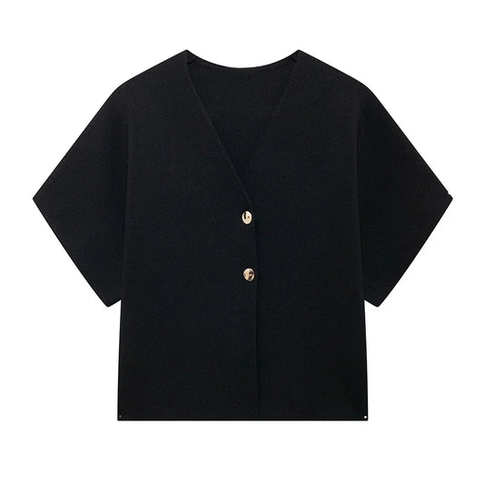 Knitted Flat Pin V-Neck Solid Short Sleeved Tops
