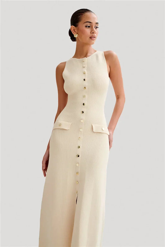Knit Maxi Dress with Pockets Button-Front