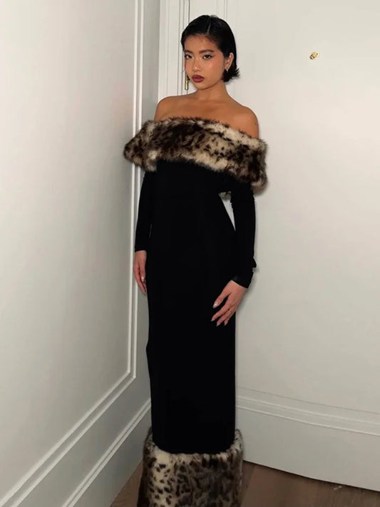 Leopard Print Fluff Splicing Maxi Dress